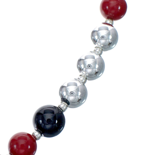 Sterling Silver Coral And Onyx Navajo Bead Necklace JX126705